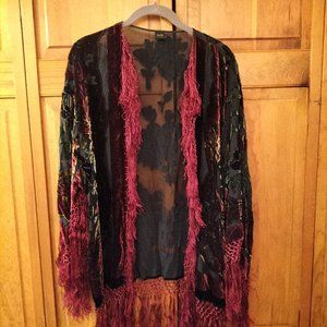 Boho Beaded Velvet Fringe Floral Silk Kimono One Size